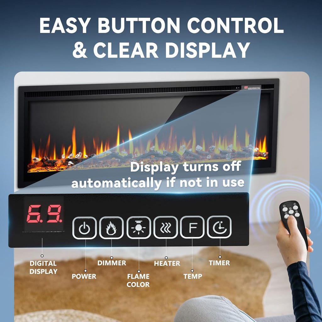 EUHOMY 50 Inch Electric Fireplace Wall Recessed and Wall Mounted with Adjustable Flame Color, Fireplace Heater with Remote Control, Linear Fireplace with Timer, Touch Screen, Log & Crystal, 750/1500W wourant