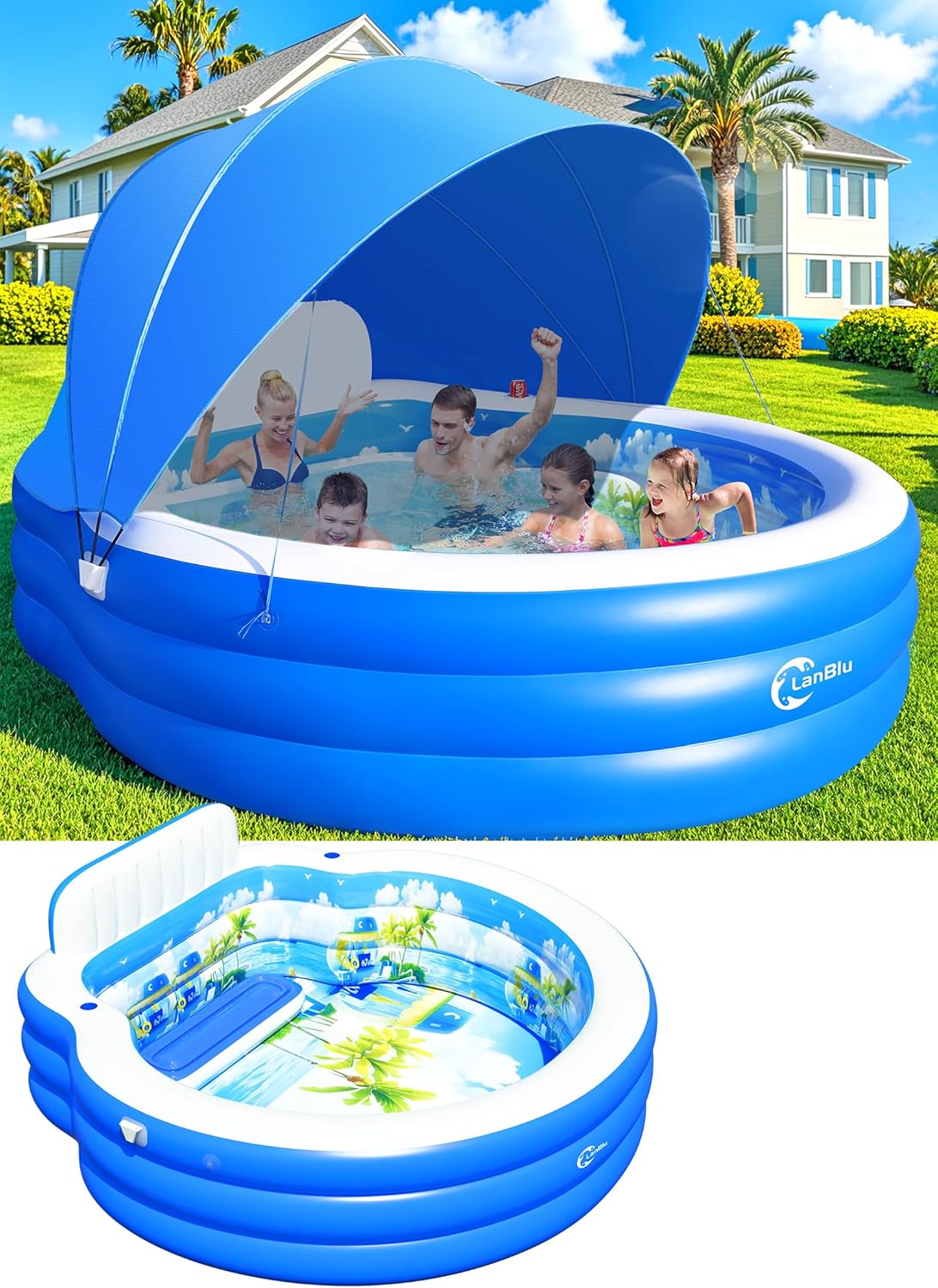 2025 Upgraded Inflatable Pool with Canopy, Inflatable Family Lounge Pool, Round Blow Up Pool for Adult with Bench & Backrest, Swim Center Easy Backyard Pools for Kids & Adults, 92"x92"x26", Blue wourant