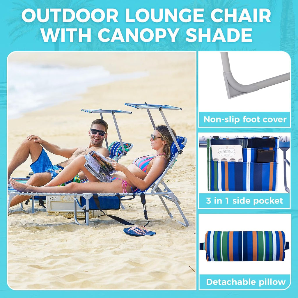 2 Pack Outdoor Chaise Lounge Chair - Portable Folding Patio Pool Lounge Chair, 5 Positions Adjustable Reclining Camping Chair with Side Table,Shoulder Strap, Pillow for Beach Sunbathing Lawn wourant