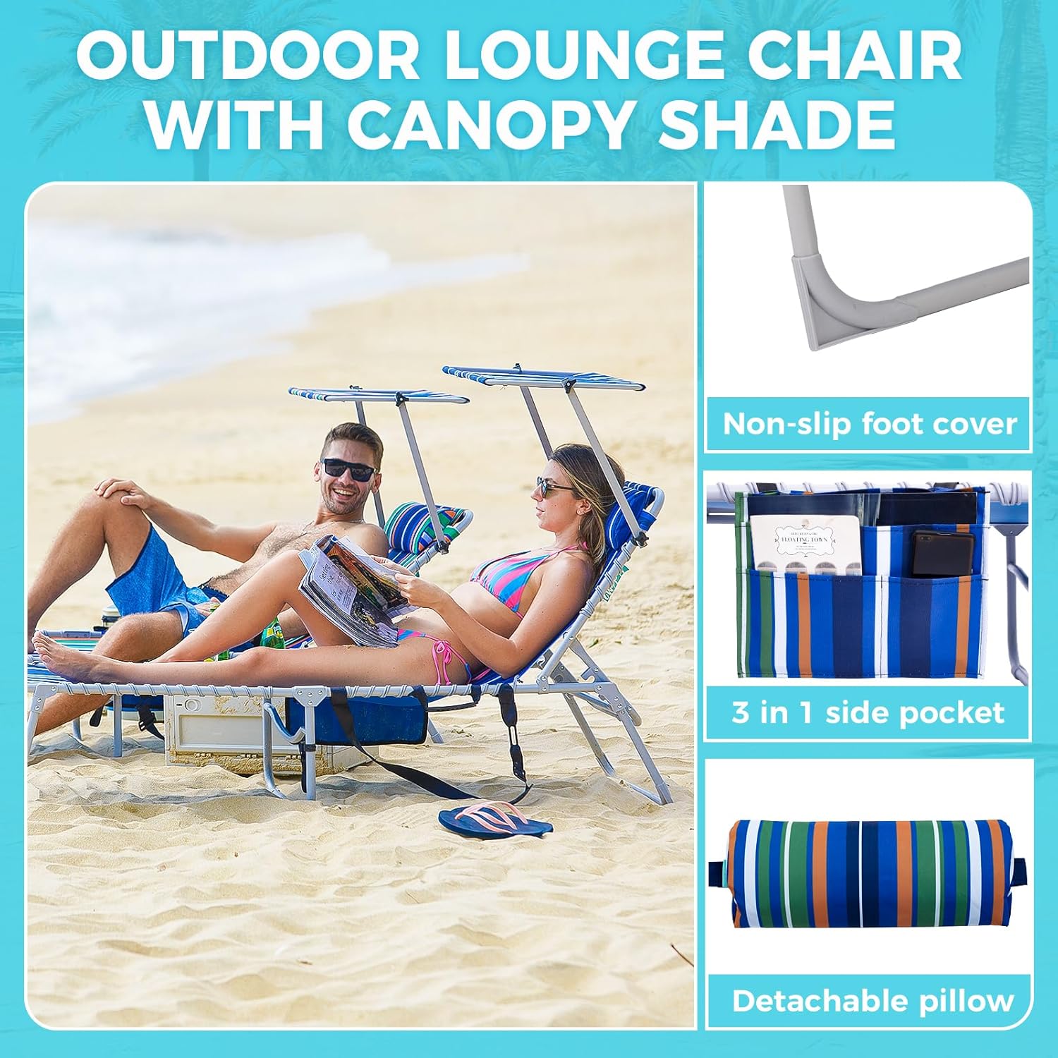 2 Pack Outdoor Chaise Lounge Chair - Portable Folding Patio Pool Lounge Chair, 5 Positions Adjustable Reclining Camping Chair with Side Table,Shoulder Strap, Pillow for Beach Sunbathing Lawn wourant