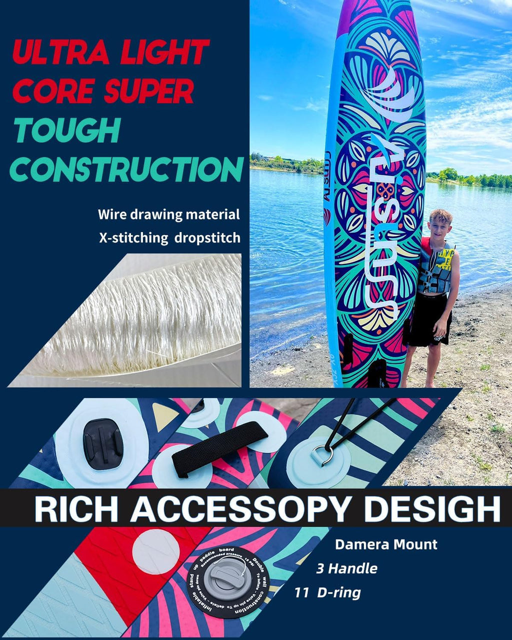 Inflatable wide SUP board with SUP carrying bag, hand pump, 10L waterproof bag and adjustable paddle wourant