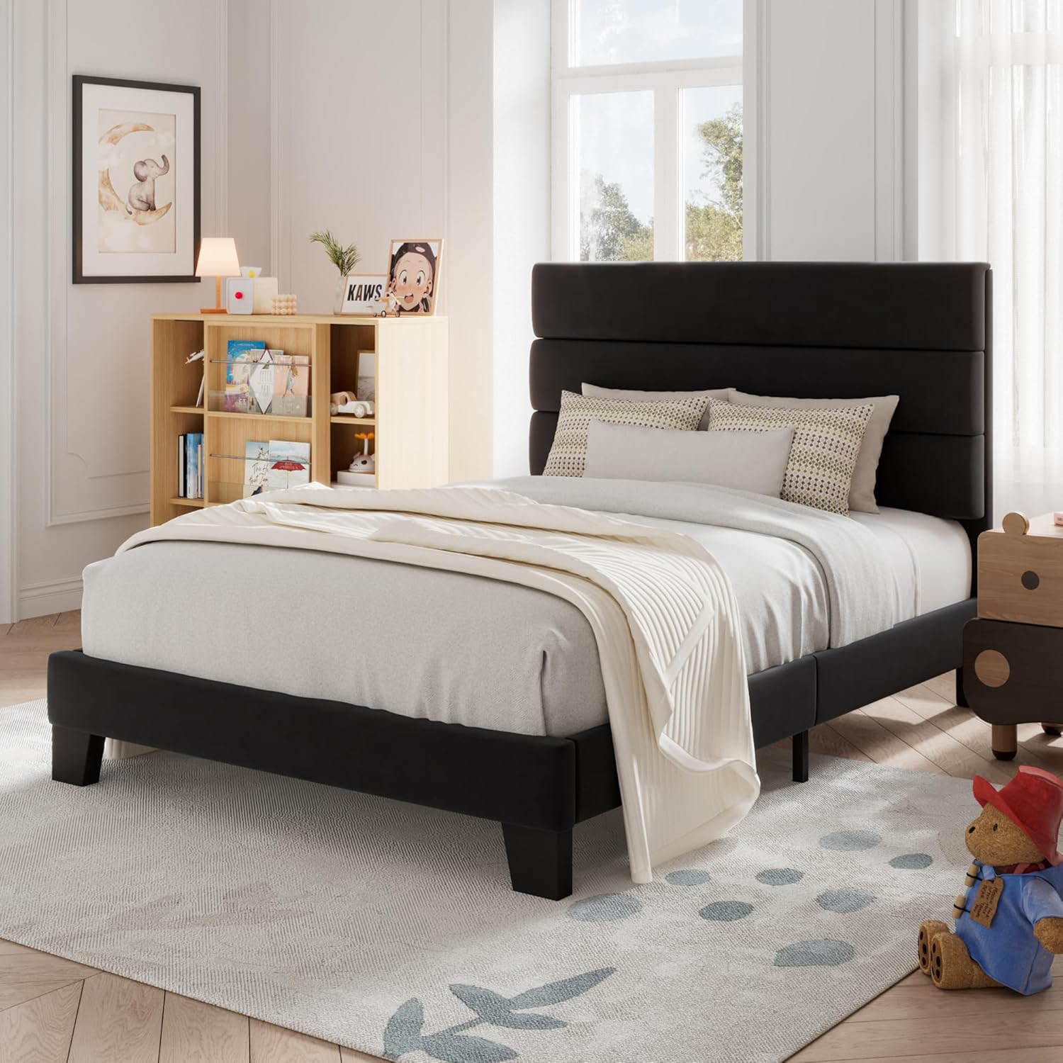Allewie Queen Size Platform Bed Frame Fabric Upholstered Headboard Wooden Slats Support wourant