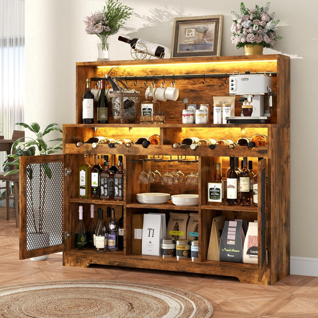 Wine Bar Cabinet with LED Light, Liquor Cabinet with Glass Holder, Coffee Bar for Liquor, Storage Buffet with Wine Racks, Wine Cabinet wourant