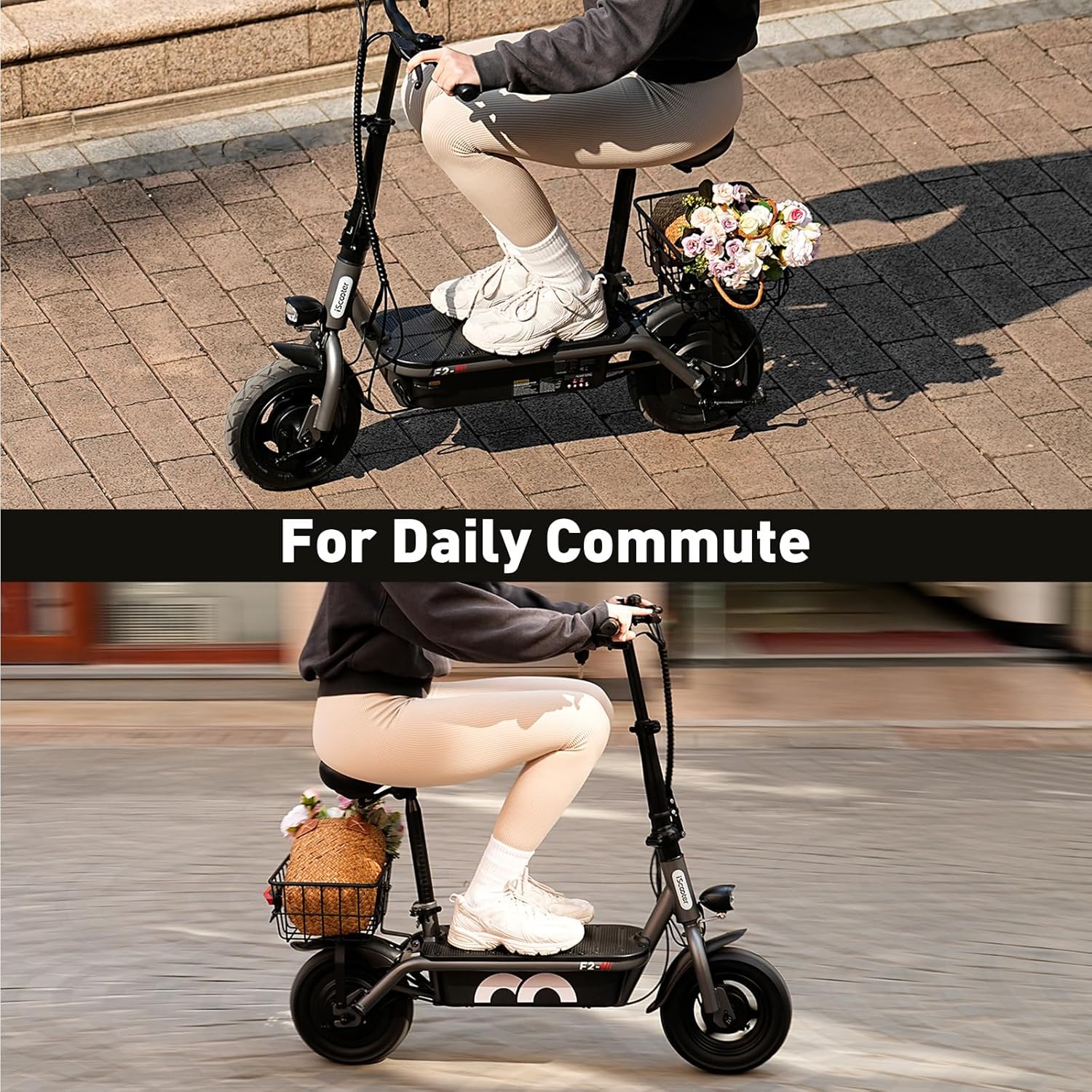 iScooter electric scooter with seat, 37/21 mile range, 28/19/15.6 mph top speed, dual suspension scooter with basket wourant