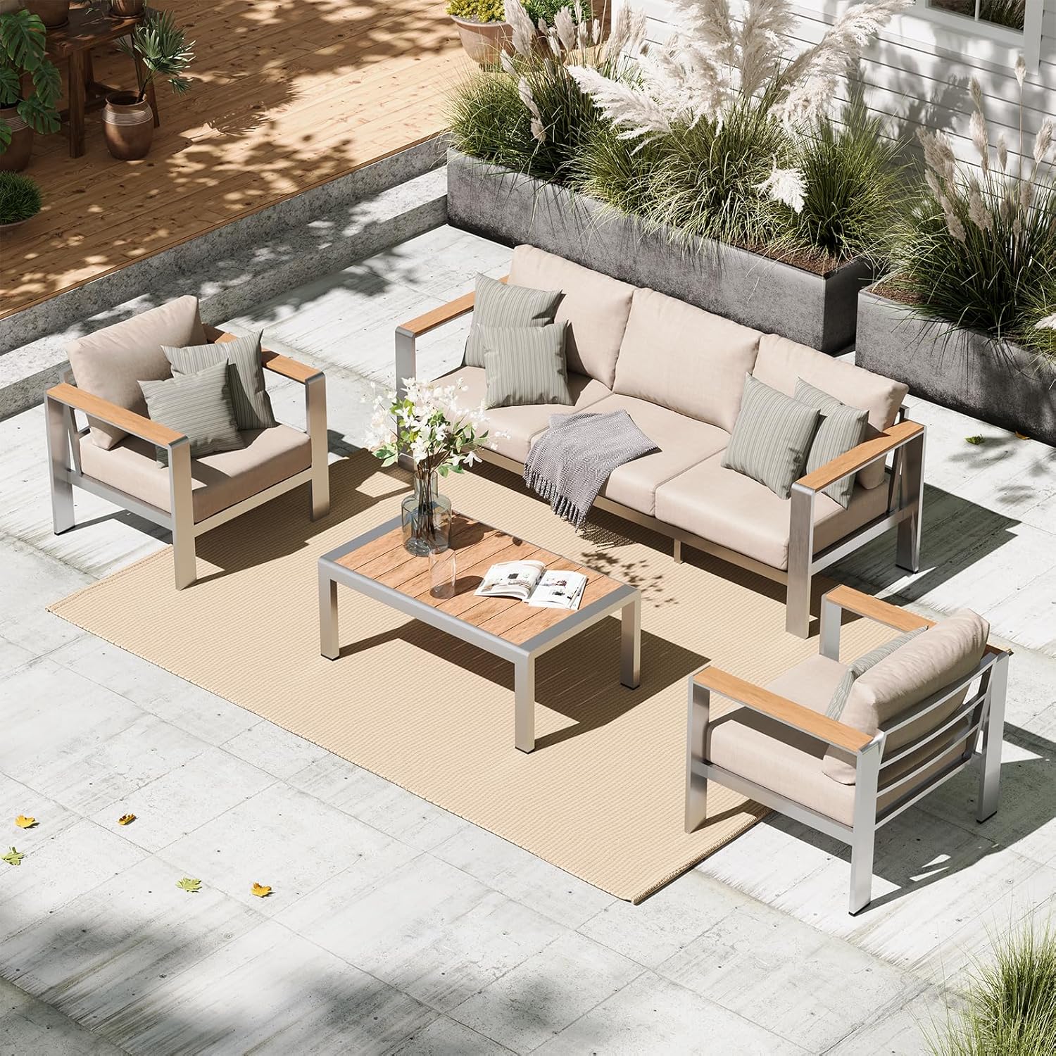 Aluminum Outdoor Patio Furniture Set with Coffee Table, 4 Piece Patio Conversation Sets with Washable Thick Cushions, Outdoor Sectional Furniture Set for Poolside, Balcony, Deck, Gray woonhhop