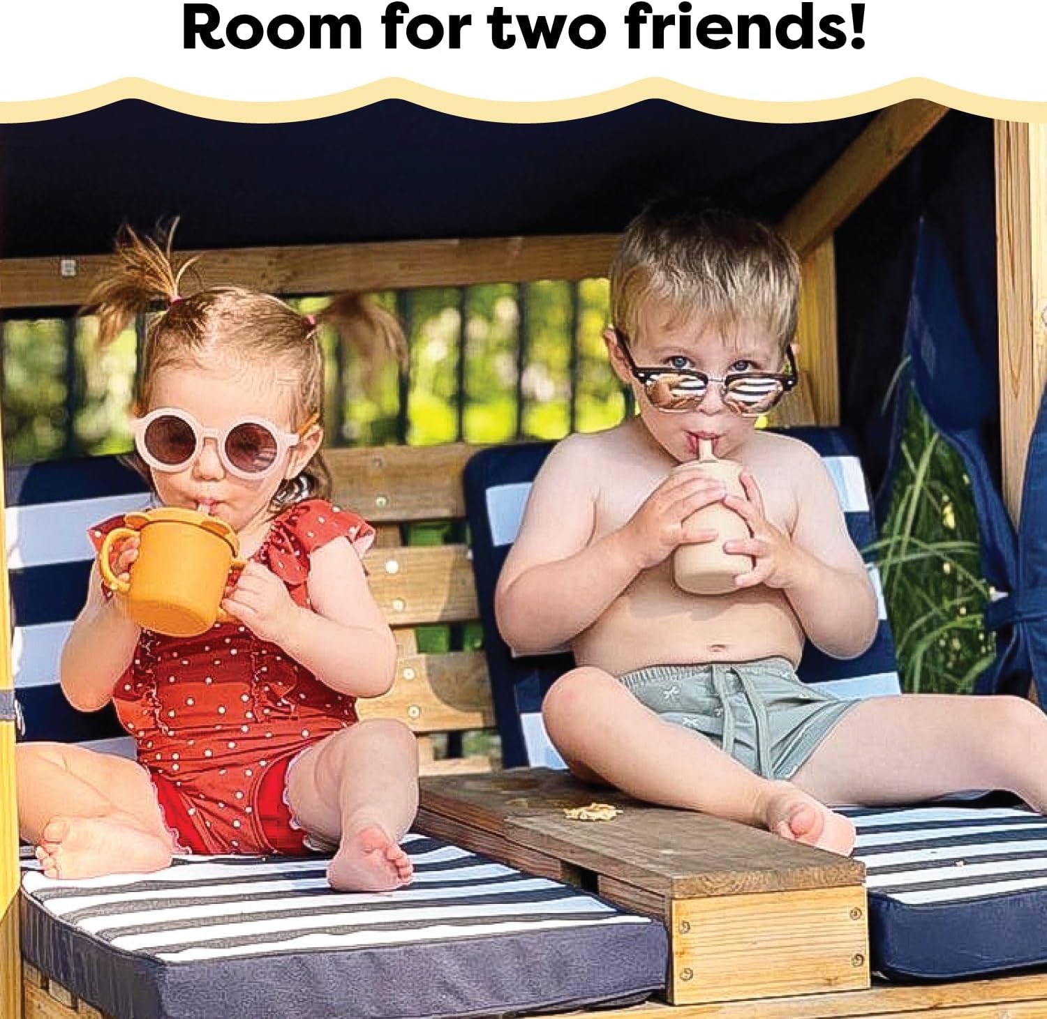KidKraft Wooden Outdoor Double Chaise Lounge with Cup Holders, Kid's Patio Furniture, Honey with Navy and White Striped Fabric, Gift for Ages 3-8 wourant