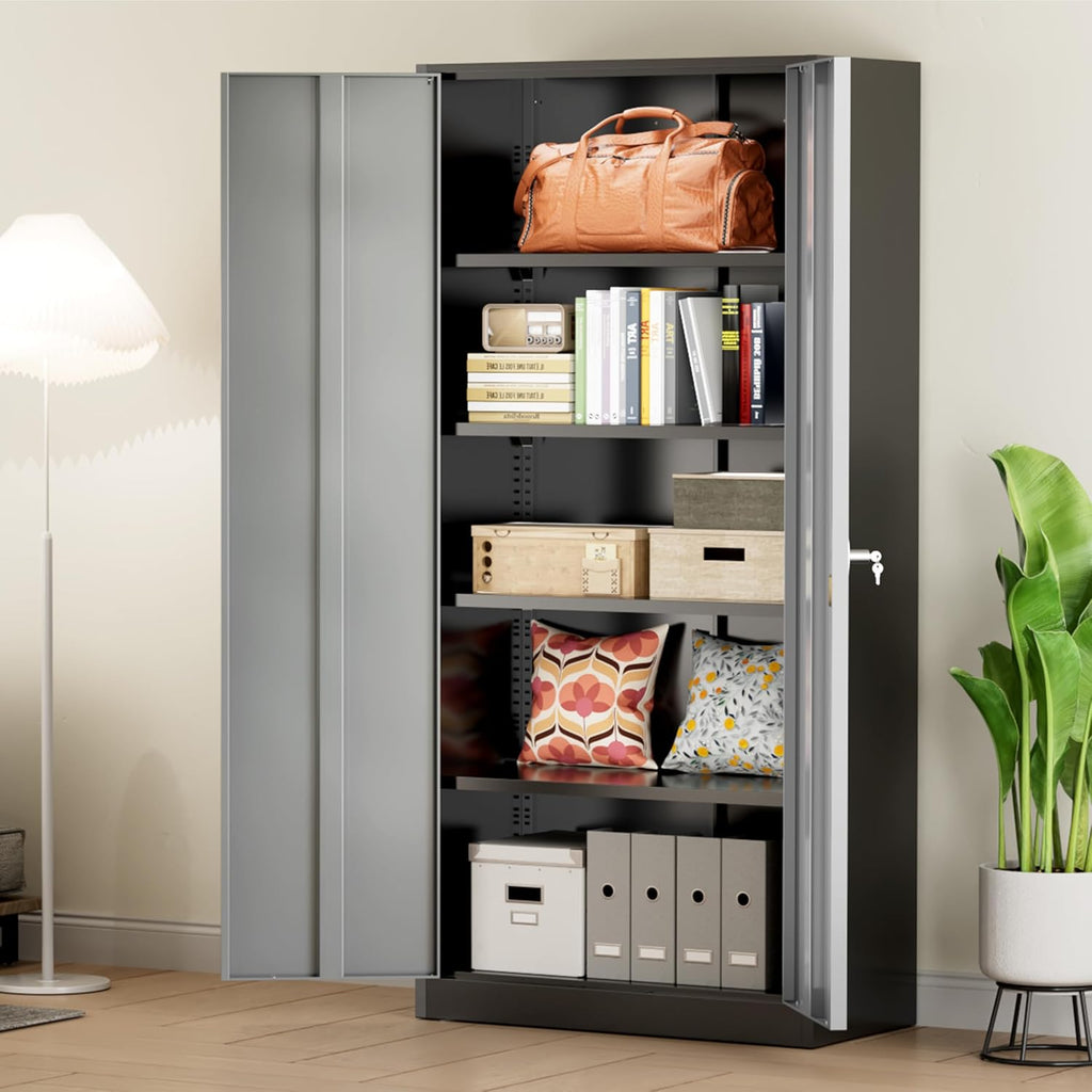 Greenvelly Metal Storage Cabinet, 72" Black Locking Metal Cabinet with 2 Doors and 4 Adjustable Shelves, Lockable Garage Storage Cabinets for Home Office, Garage, Kitchen, Living Room wourant