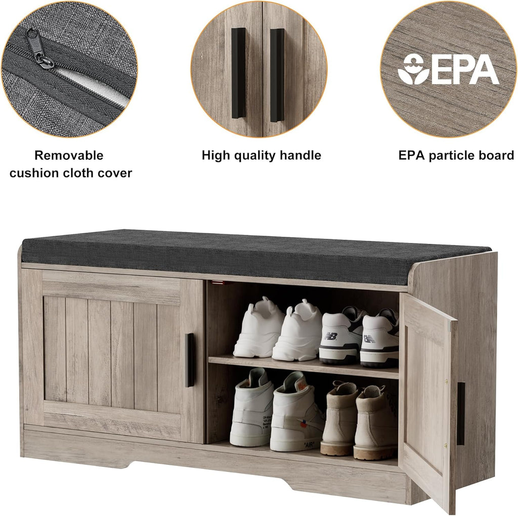 2-Tier Storage Bench, Shoe Bench with Thickened Padded Seat Cushion, Entryway Bench with 4 Doors, Adjustable Shelf wourant