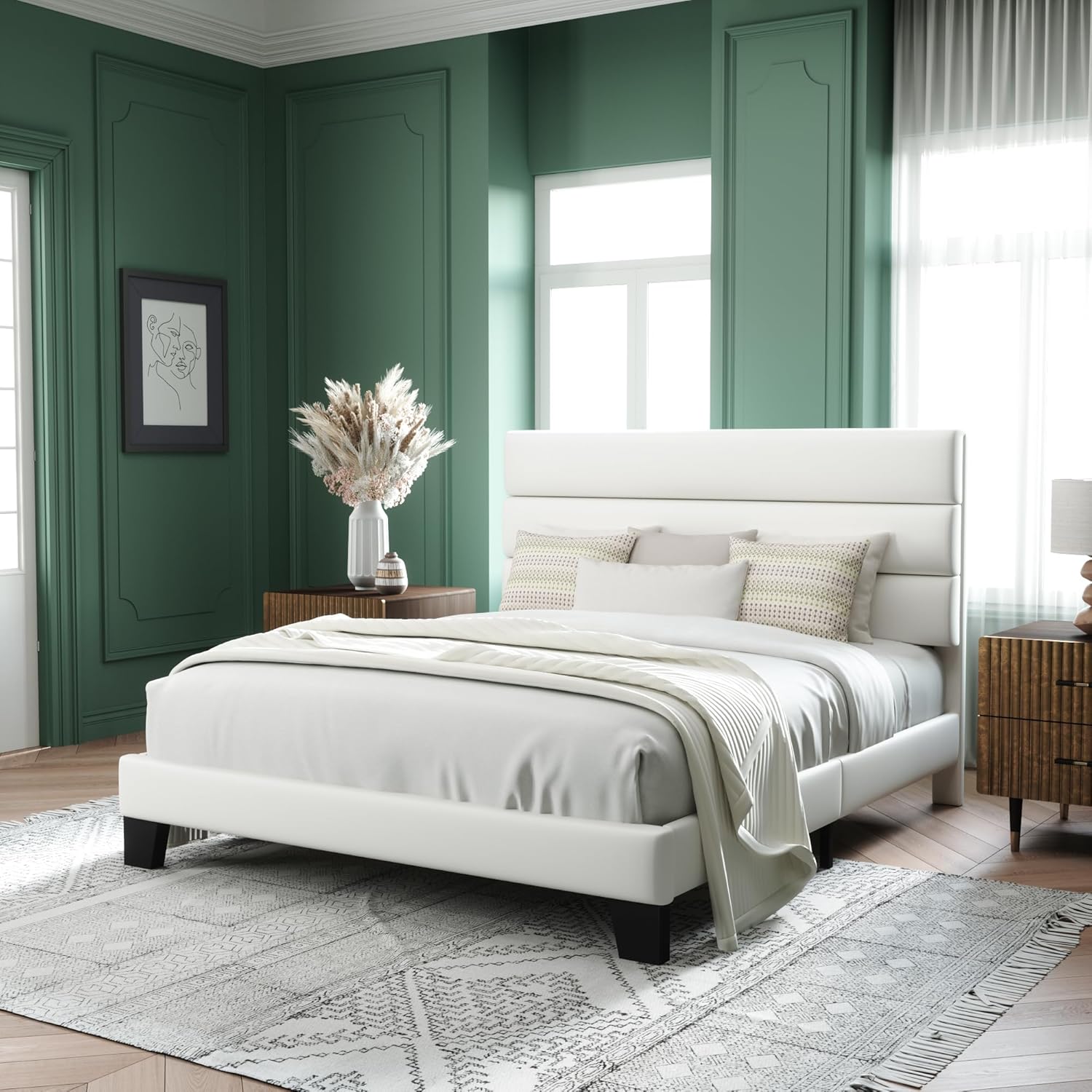 Allewie Queen Size Platform Bed Frame Fabric Upholstered Headboard Wooden Slats Support wourant