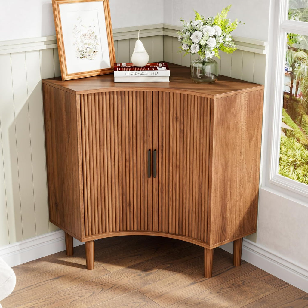 Fluted corner cabinet, small corner base cabinet modern wooden storage organizer wourant