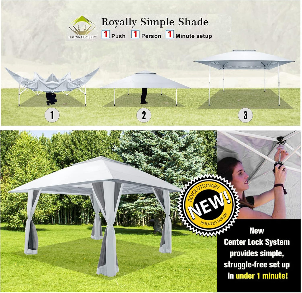 CROWN SHADES 13x13 Pop Up Gazebo, Canopy Tent, Gazebos on Clearance - Outdoor Gazebo for Backyard & Patio Furniture - Carpa Pop Up Tent with Wheeled STO-N-Go Cover Bag (White) wourant