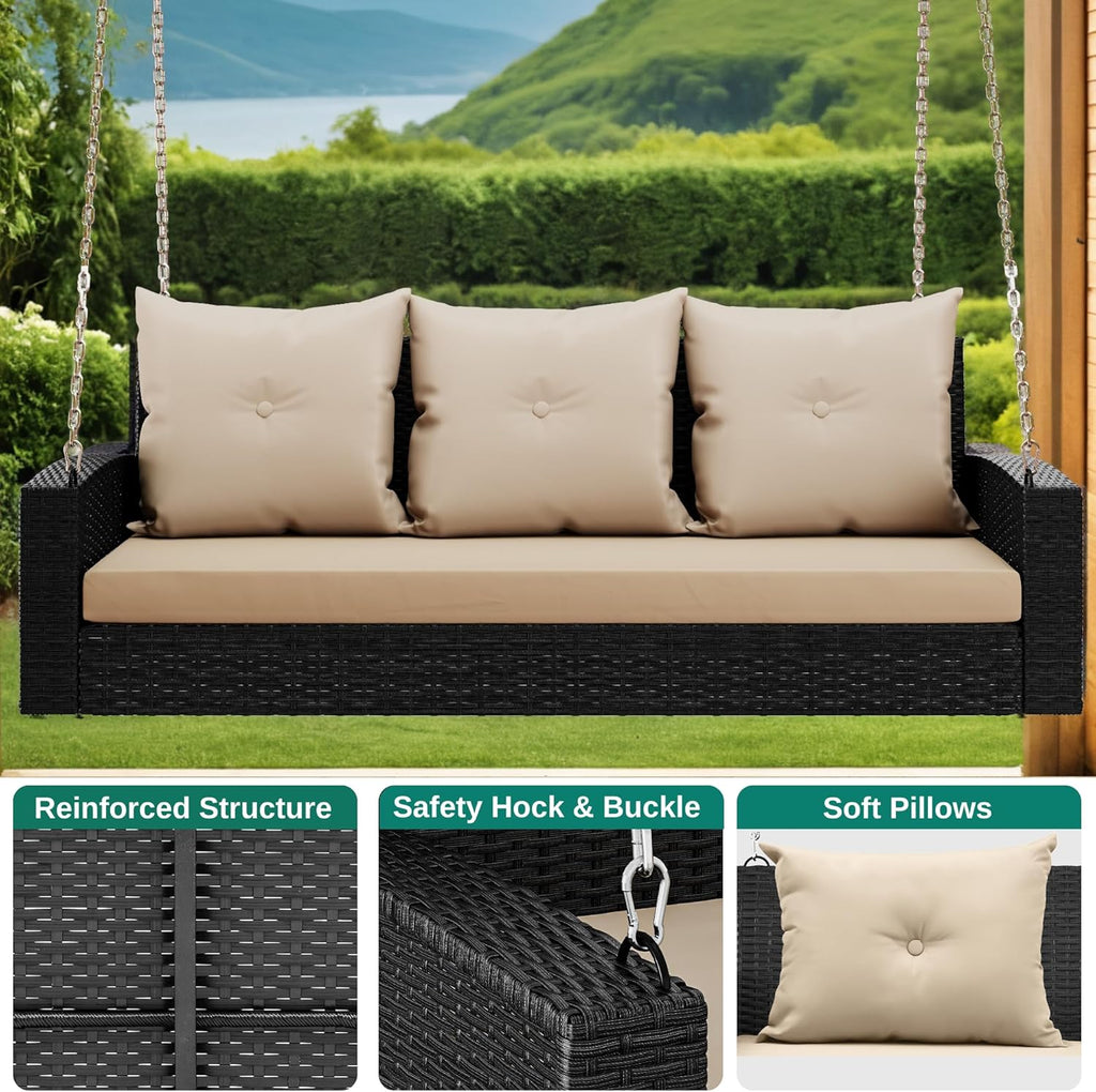 YITAHOME Hanging Porch Swing Chair Sits 3 People, Wicker Outdoor Swing Bench, Patio Lounge Chair, 1 Seating Cushion and 3 Back Cushions, w/Removable Covers, for Garden, Balcony, Backyard, Brown wourant