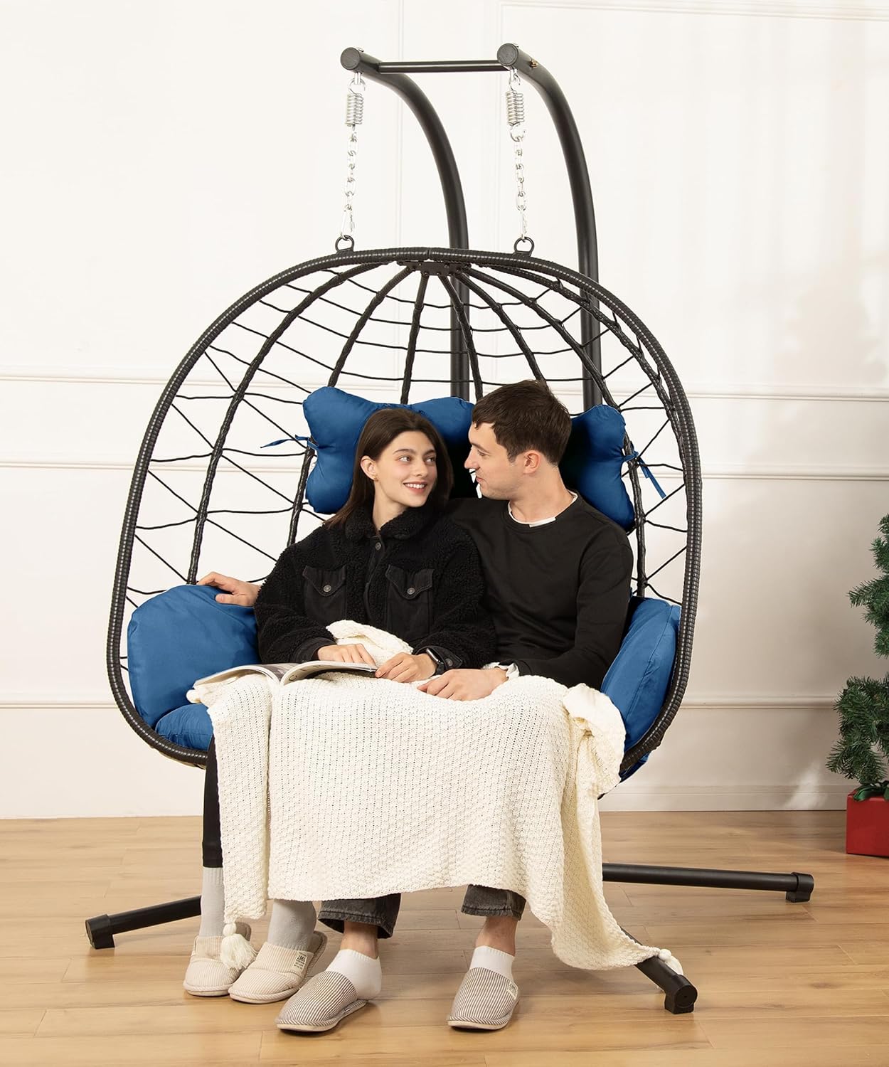 Double Egg Chair Hammock Swing Chair Foldable Hanging Loveseat UV Resistant Cushions wourant