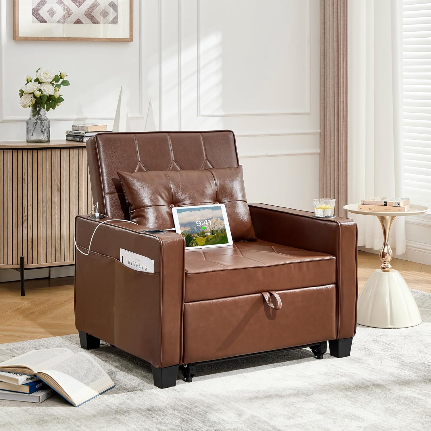 Adult Convertible Sleeper Chair Bed, 3-in-1 Pull-Out Sofa Bed with USB/Type-C Ports, Cup Holders, Side Pockets, Single Sofa wourant