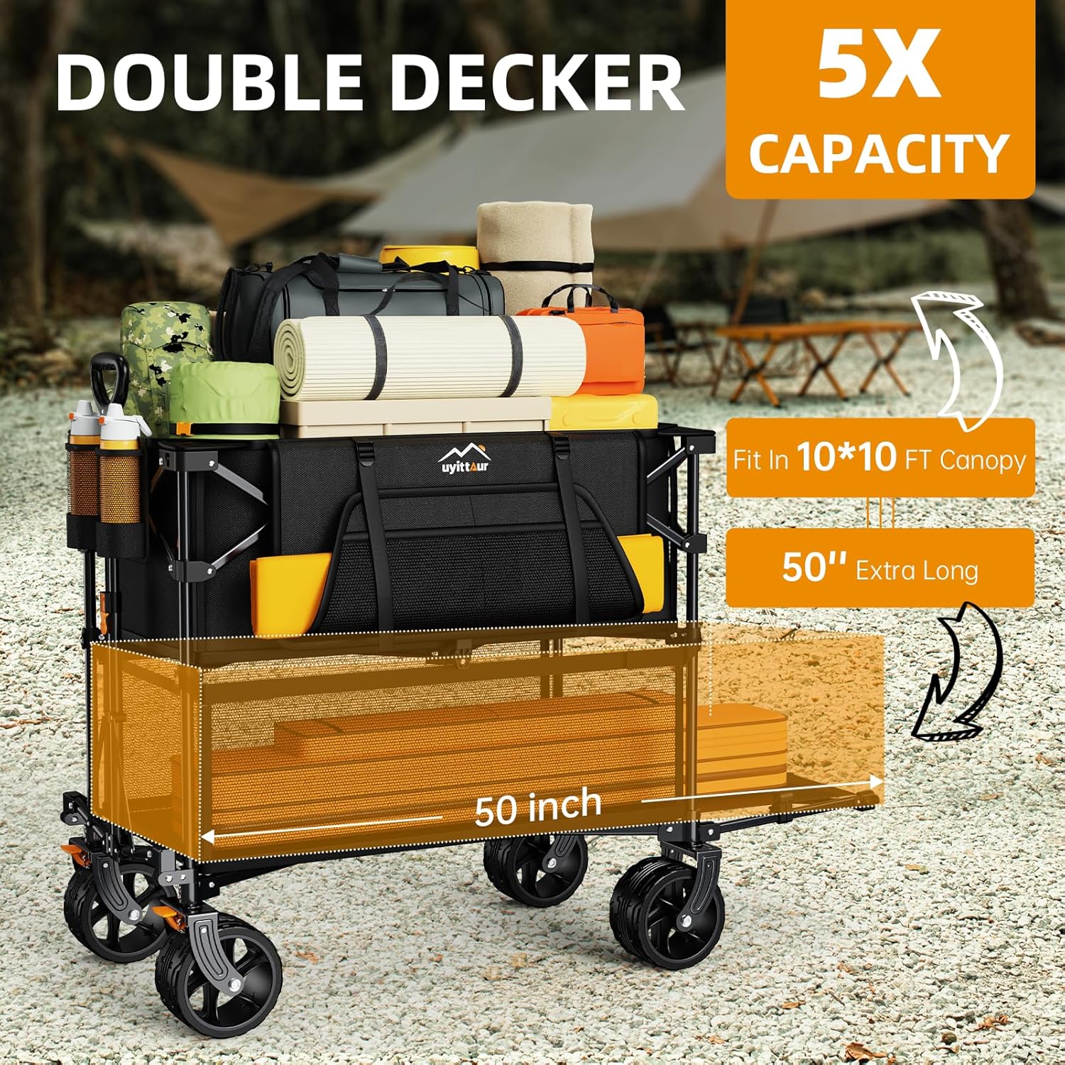 Foldable 50''L Extra Long Double Decker Wagon for Sport, 400L Collapsible Heavy Duty Wagon Cart with Big Wheels, Utility All-Terrain Large Extender Cart for Outdoors wourant