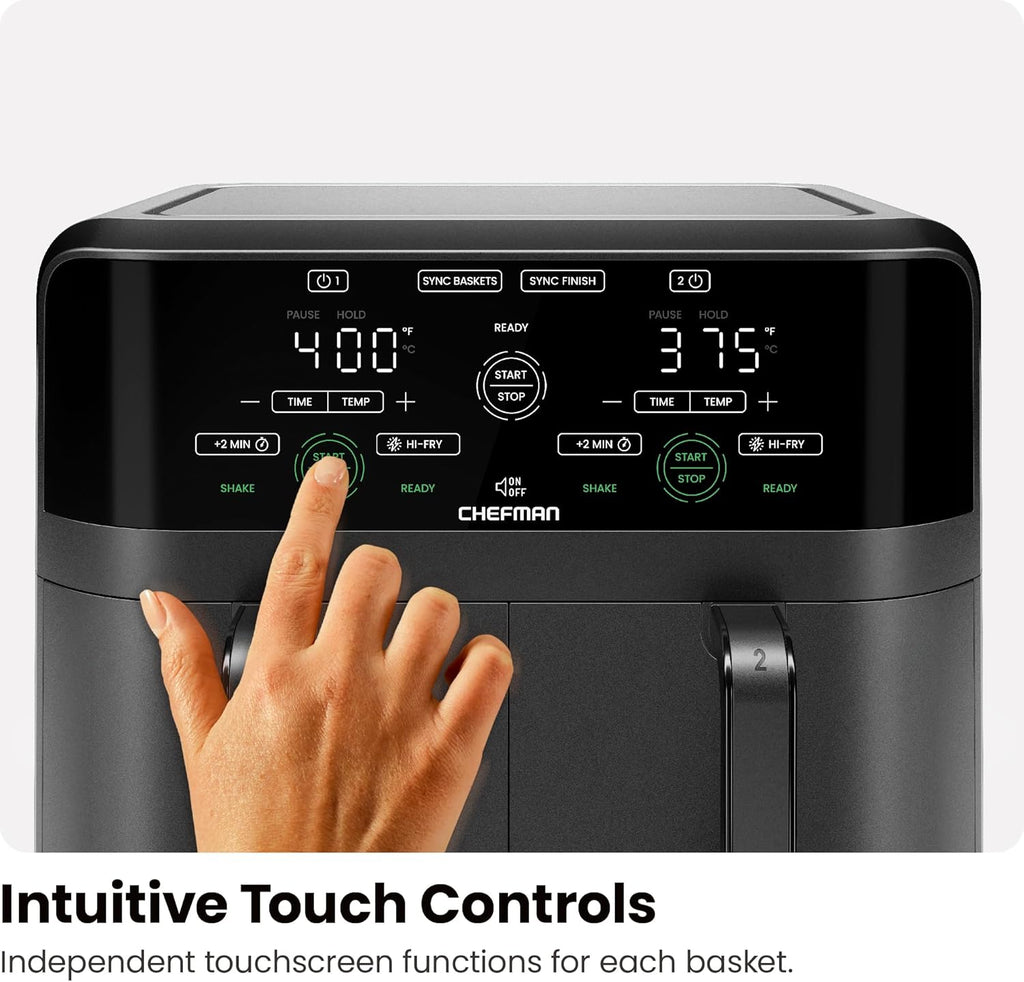 Chefman 6 Quart Dual Basket Air Fryer - Digital Touchscreen, Smart Sync Finish, Hi-Fry, Auto Shutoff, 2 Independent 3QT Nonstick Dishwasher-Safe Frying Baskets - Digital Double Air Fryer - Black wourant