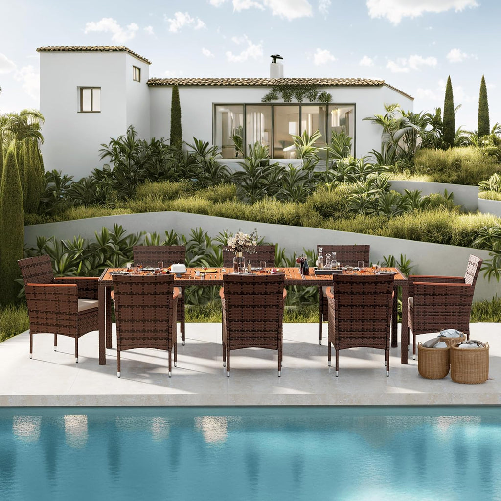 Devoko Dining 7 PCS Furniture, Patio Conversation Set with Acacia Wood Table Top, Rattan Outdoor, Black wourant