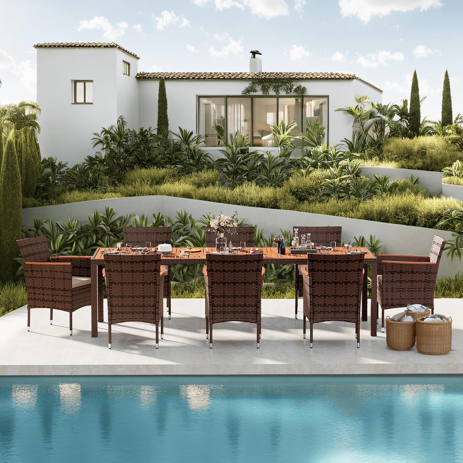 Devoko Dining 7 PCS Furniture, Patio Conversation Set with Acacia Wood Table Top, Rattan Outdoor, Black wourant