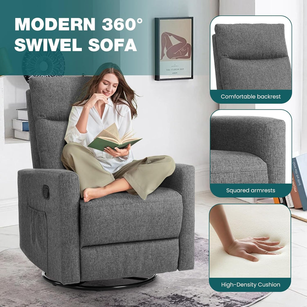 Swivel Rocking Recliner Chair with Extra Large Footrest High Back, Upholstered Glider Nursery Chair for Living Room, Bedroom & Nursery, Comfortable Deep Seat for Relaxation, Grey wourant