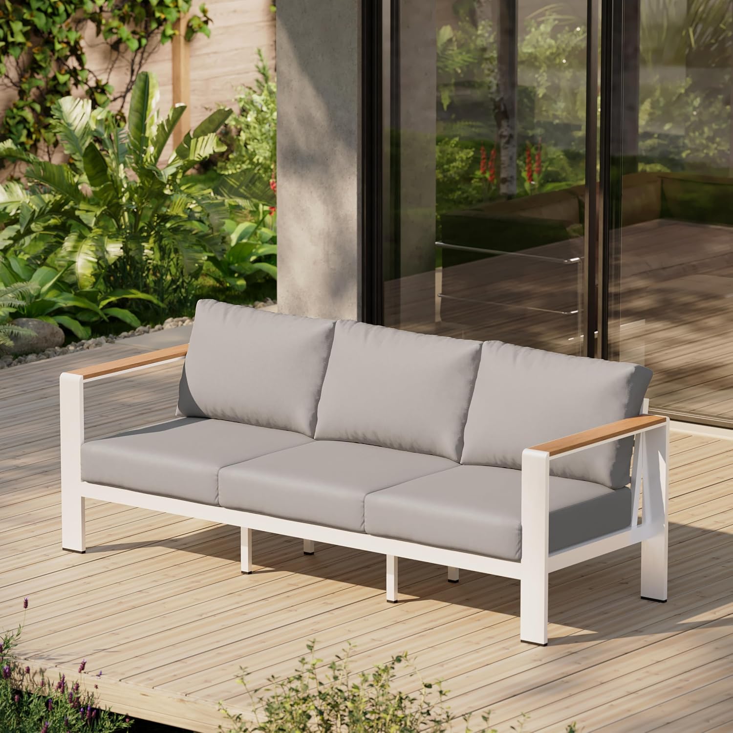 Aluminum Outdoor Patio Furniture Set with Coffee Table, 4 Piece Patio Conversation Sets with Washable Thick Cushions, Outdoor Sectional Furniture Set for Poolside, Balcony, Deck, Gray woonhhop