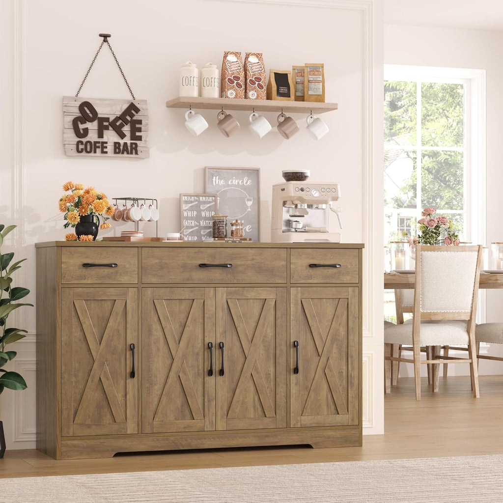 HOSTACK Buffet Cabinet with Drawers, 55" Large Sideboard Buffet Storage Cabinet with Shelves and Doors, Modern Farmhouse Coffee Bar Station Wood Kitchen Table for Kitchen, Dining Room, White/Rustic wourant