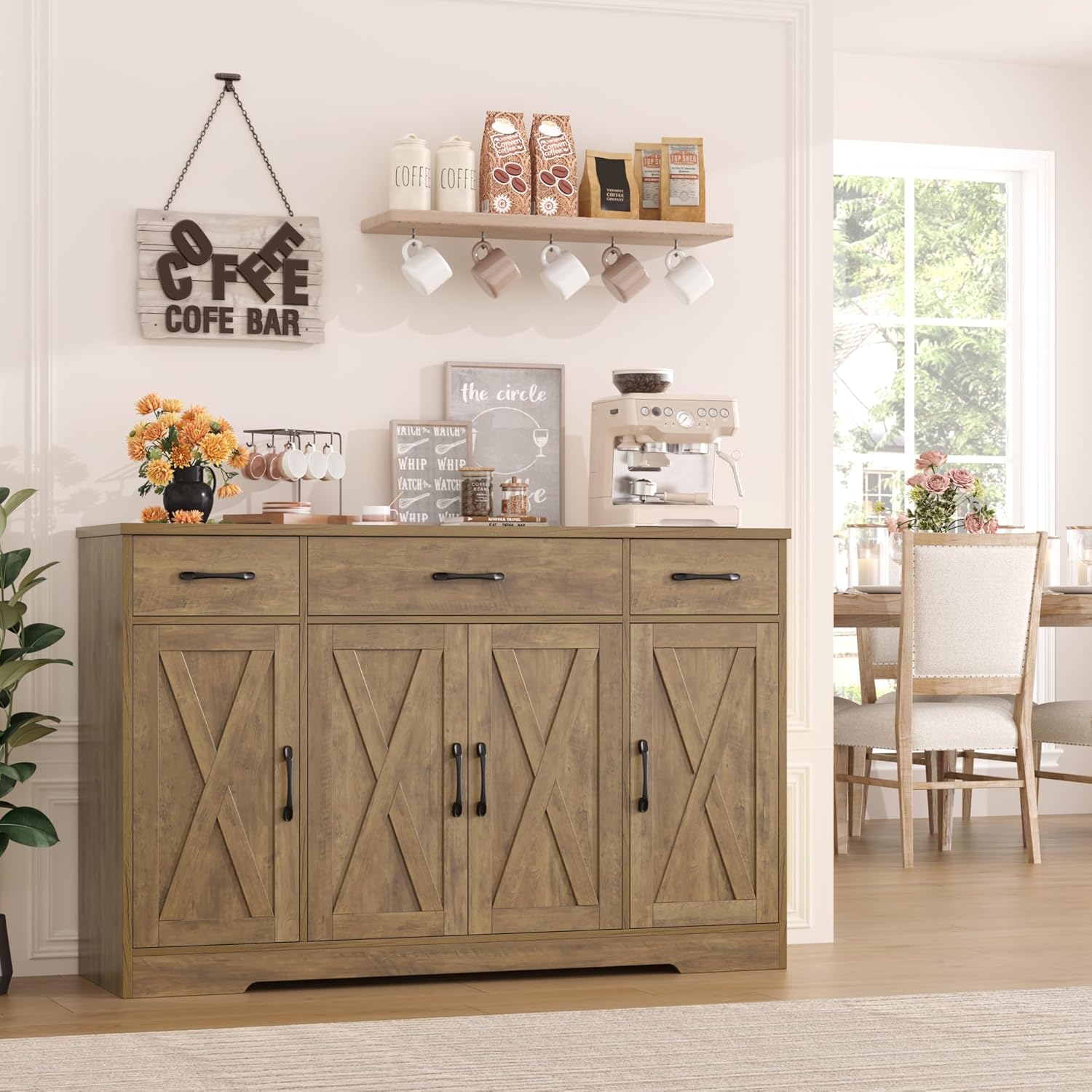 HOSTACK Buffet Cabinet with Drawers, 55" Large Sideboard Buffet Storage Cabinet with Shelves and Doors, Modern Farmhouse Coffee Bar Station Wood Kitchen Table for Kitchen, Dining Room, White/Rustic wourant