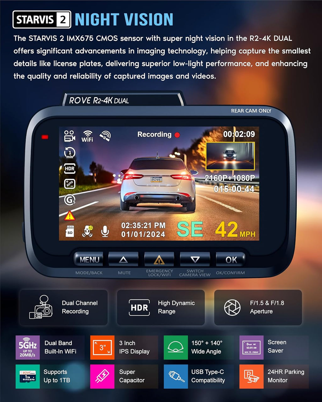 Driving recorder dual instrument cam front and rear, Starvis 2 sensor, free 128GB card, 5G WiFi - fastest download speed for up to 20mb/s App, 3-inch IPS, 24H parking mode wourant