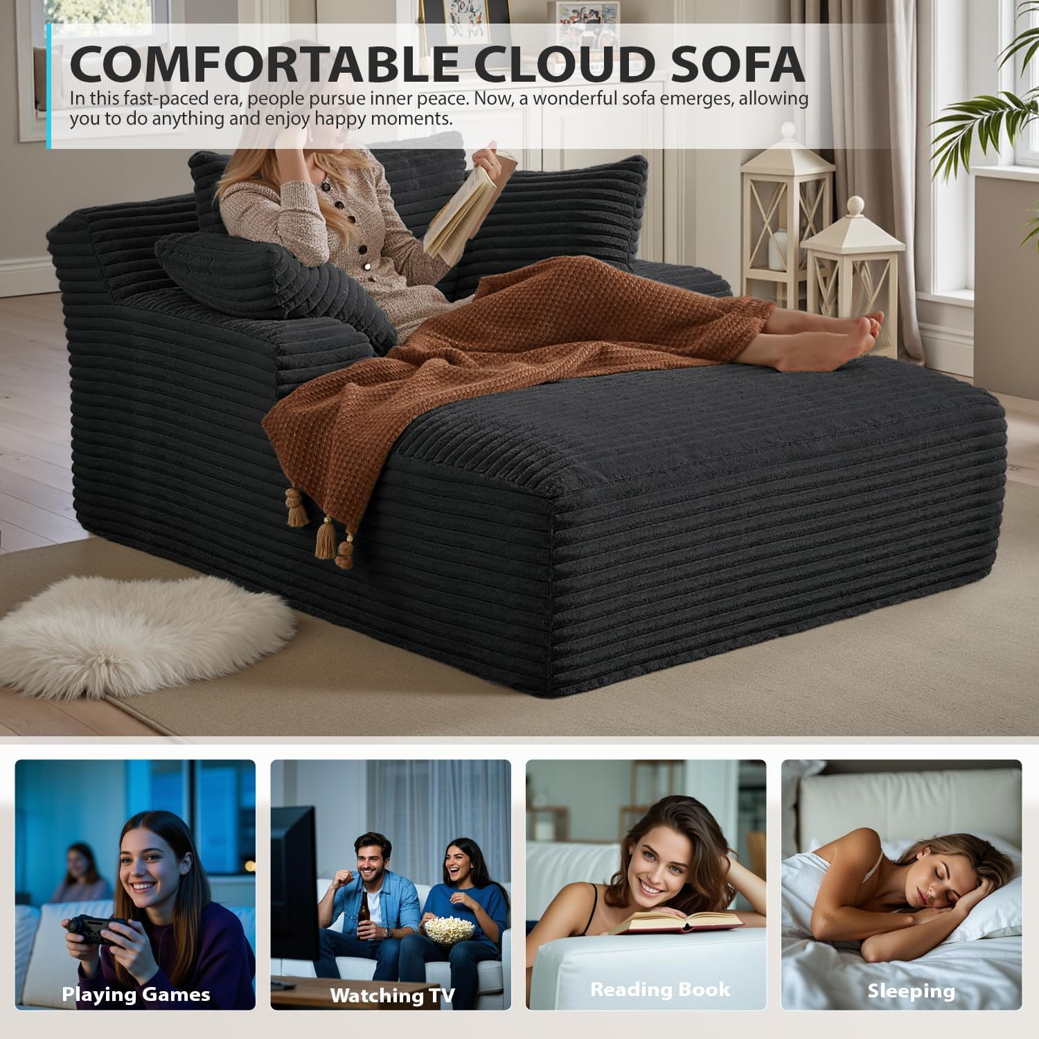 50-inch indoor recliner, oversized corduroy upholstered boneless sofa bed, deep sleeper sofa reading chair, cloud sofa, living room sofa wourant