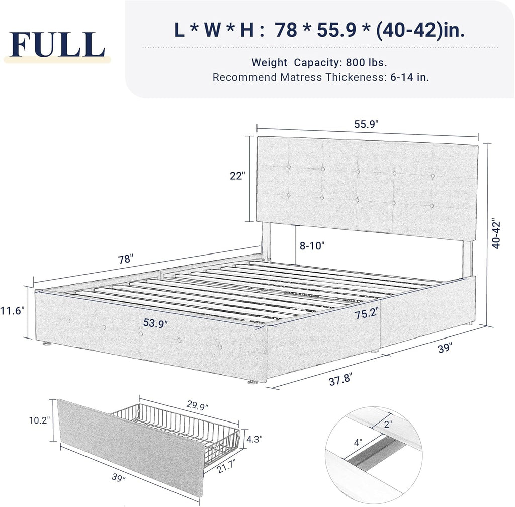 Allewie Upholstered Queen Size Platform Bed Frame with 4 Storage Drawers and Headboard wourant