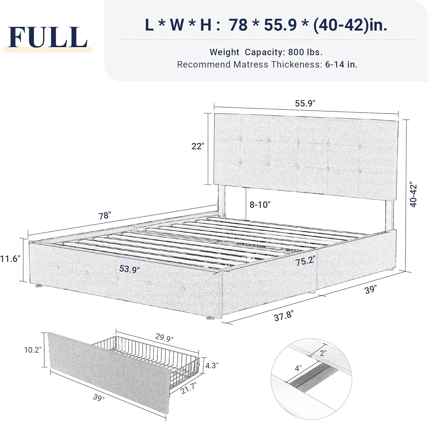 Allewie Upholstered Queen Size Platform Bed Frame with 4 Storage Drawers and Headboard wourant