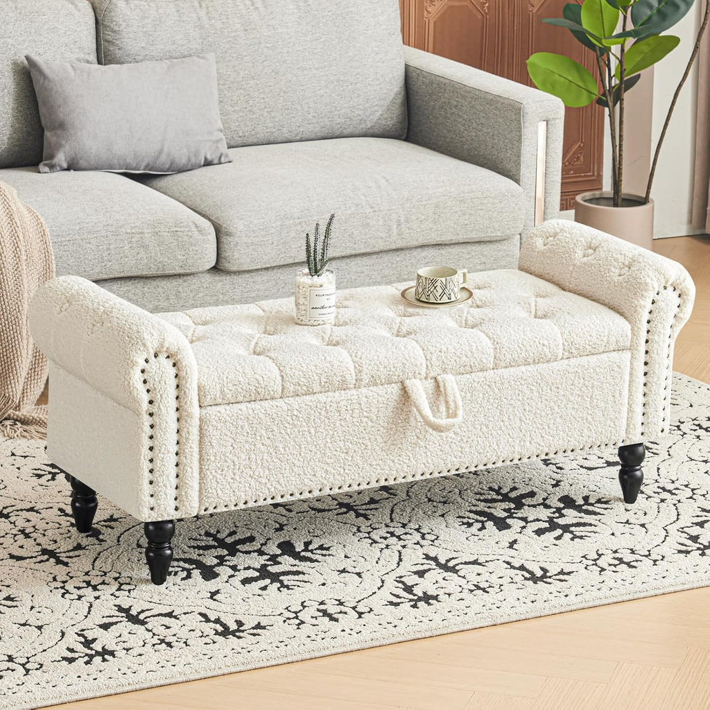 Furniliving Modern Storage Ottoman Bench, Sherpa Ottoman End of Bed Bench with Solid Wood Legs Upholstered Ottoman Benches with Storage Indoor Bench wourant