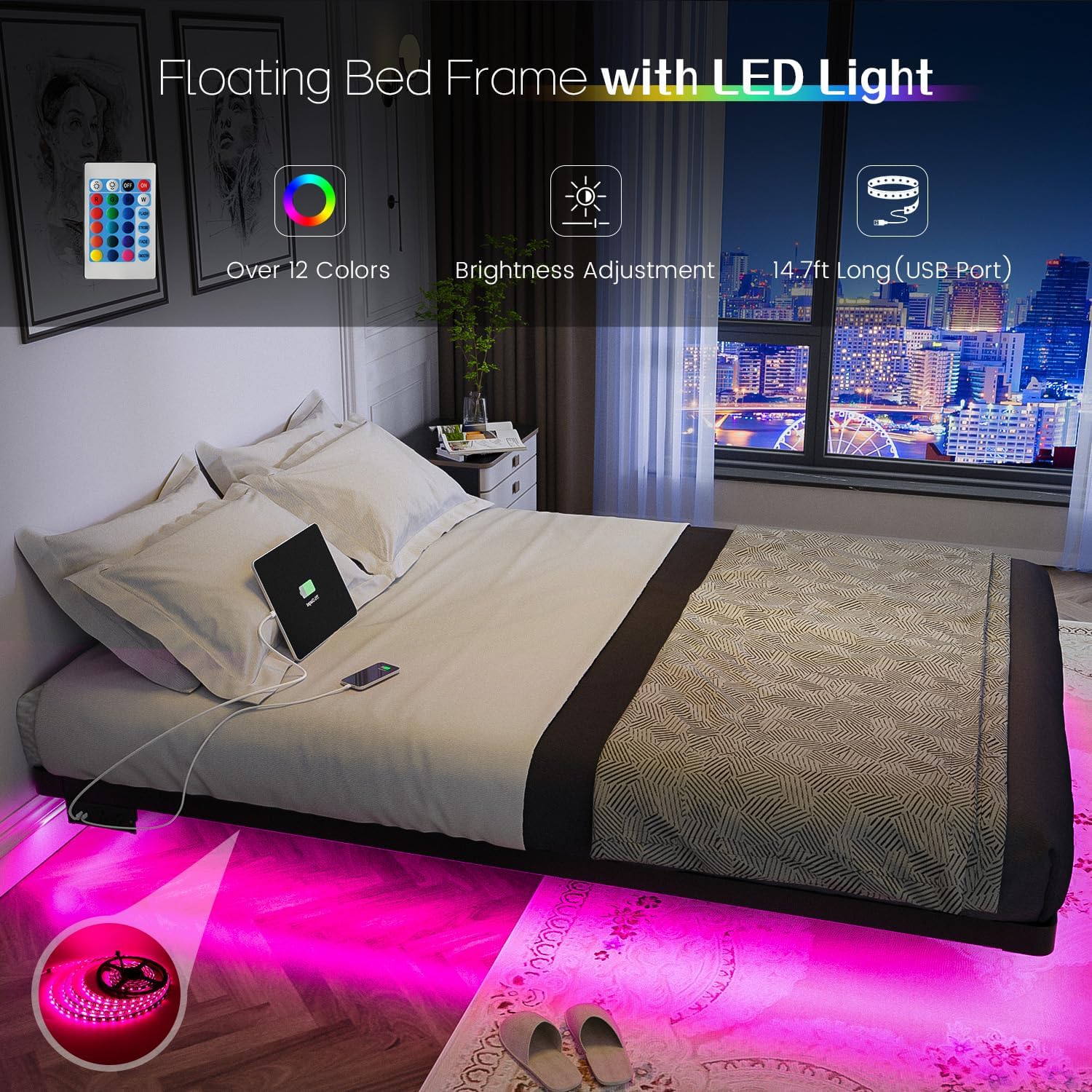 OLEVS Floating Bed Frame Queen Size with Smart LED Lights Modern Metal Platform Bed wourant