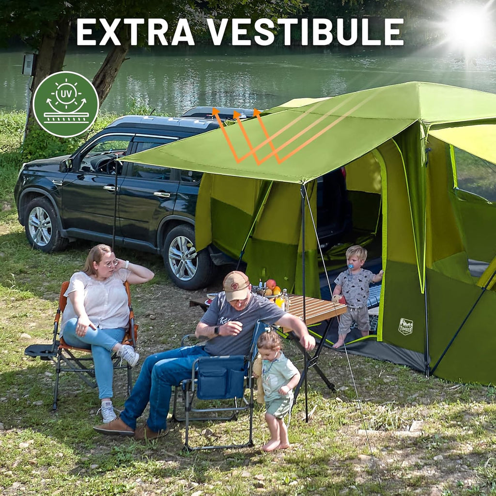 TIMBER RIDGE 5-9 Person SUV Tent with Screen Porch and Awning for Family Camping, Weather Resistant and Portable Van or Car Tent, Includes Rainfly and Storage Bag, 13' W X 10' L X 7.1' H wourant