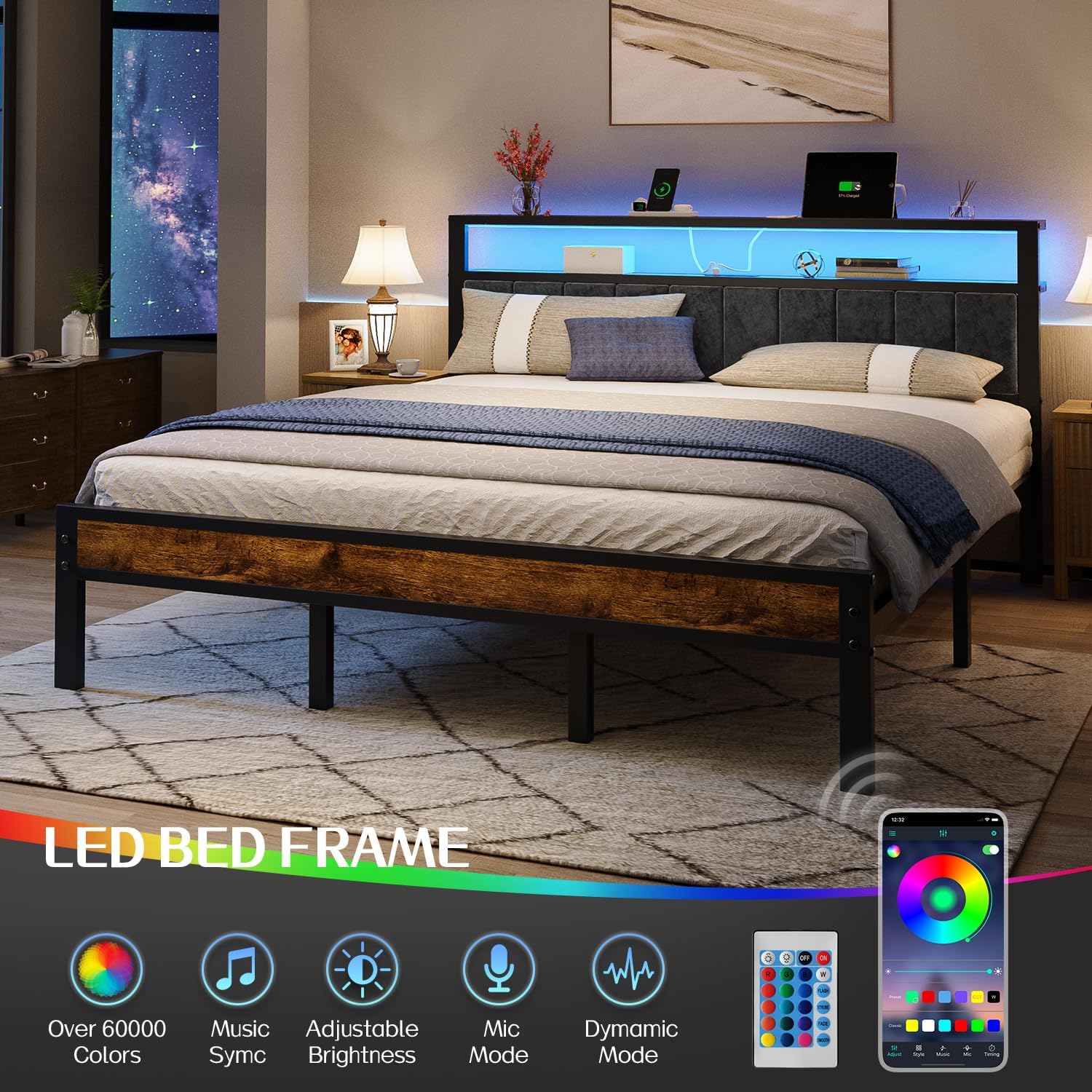 Queen Size Bed Frame with 2-Tier Storage Shelves Headboard Platform Bed Charging Station wourant