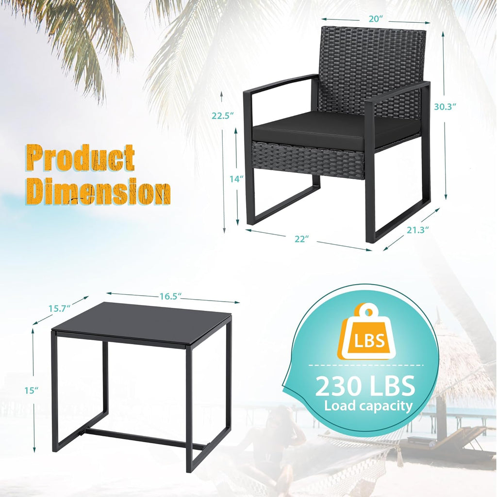 Flamaker 3 Pieces Patio Set Outdoor Wicker Furniture Sets Modern Rattan Chair Conversation Sets with Coffee Table for Yard and Bistro (Black) wourant