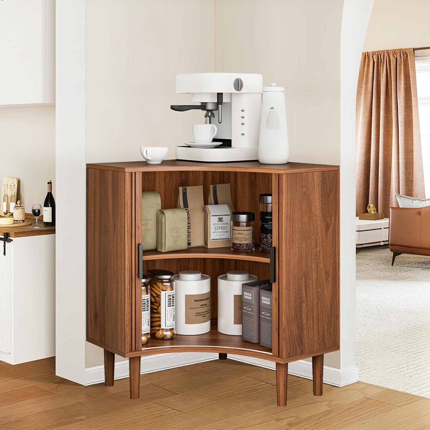 Fluted corner cabinet, small corner base cabinet modern wooden storage organizer wourant