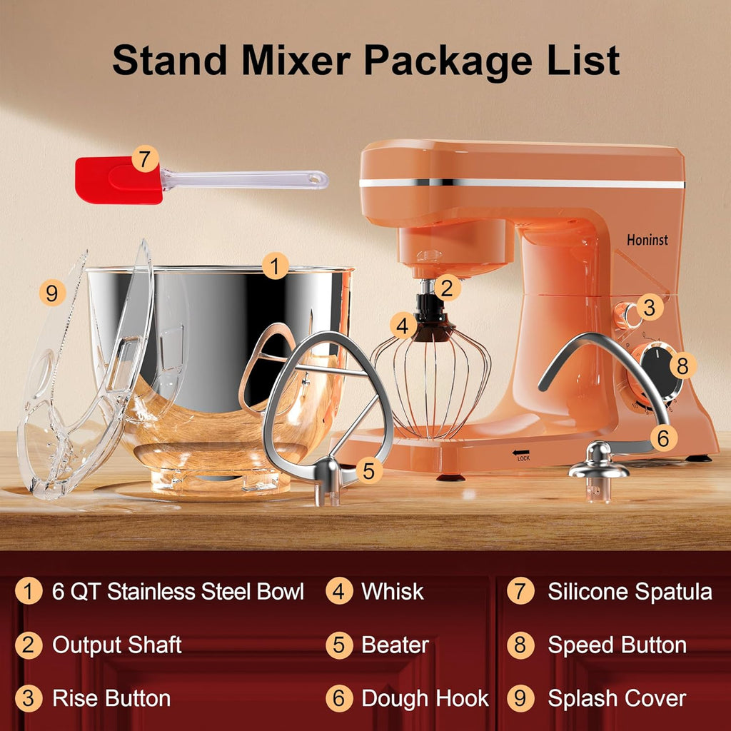 10-Speed Stand Mixer with 8-in-1 Splash Guard, Tilt Head, 6-Quart Stainless Steel Bowl + Dishwasher-Safe Dough Hook/Whisk/Blender/Scraper wourant