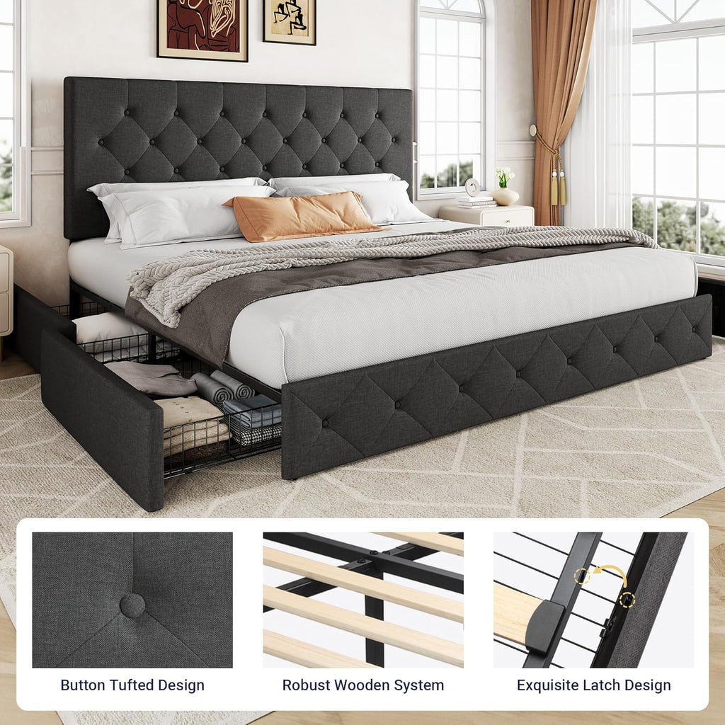 Allewie Upholstered Queen Size Platform Bed Frame with 4 Storage Drawers and Headboard wourant