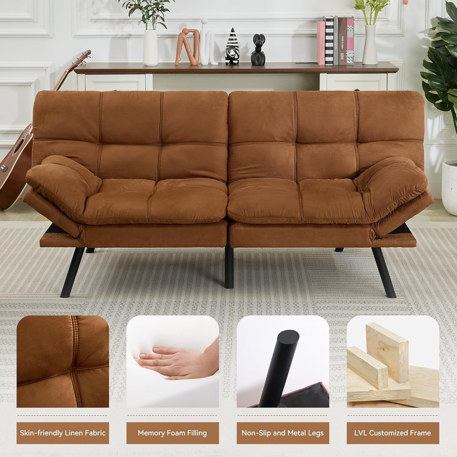 Amazon Basics Brown Loveseat,Convertible Couch Memory Foam Futon Sofa Bed Modern Sleeper Sofa for Small Compact Living Room,Office,Apartment, Linen Fabric wourant