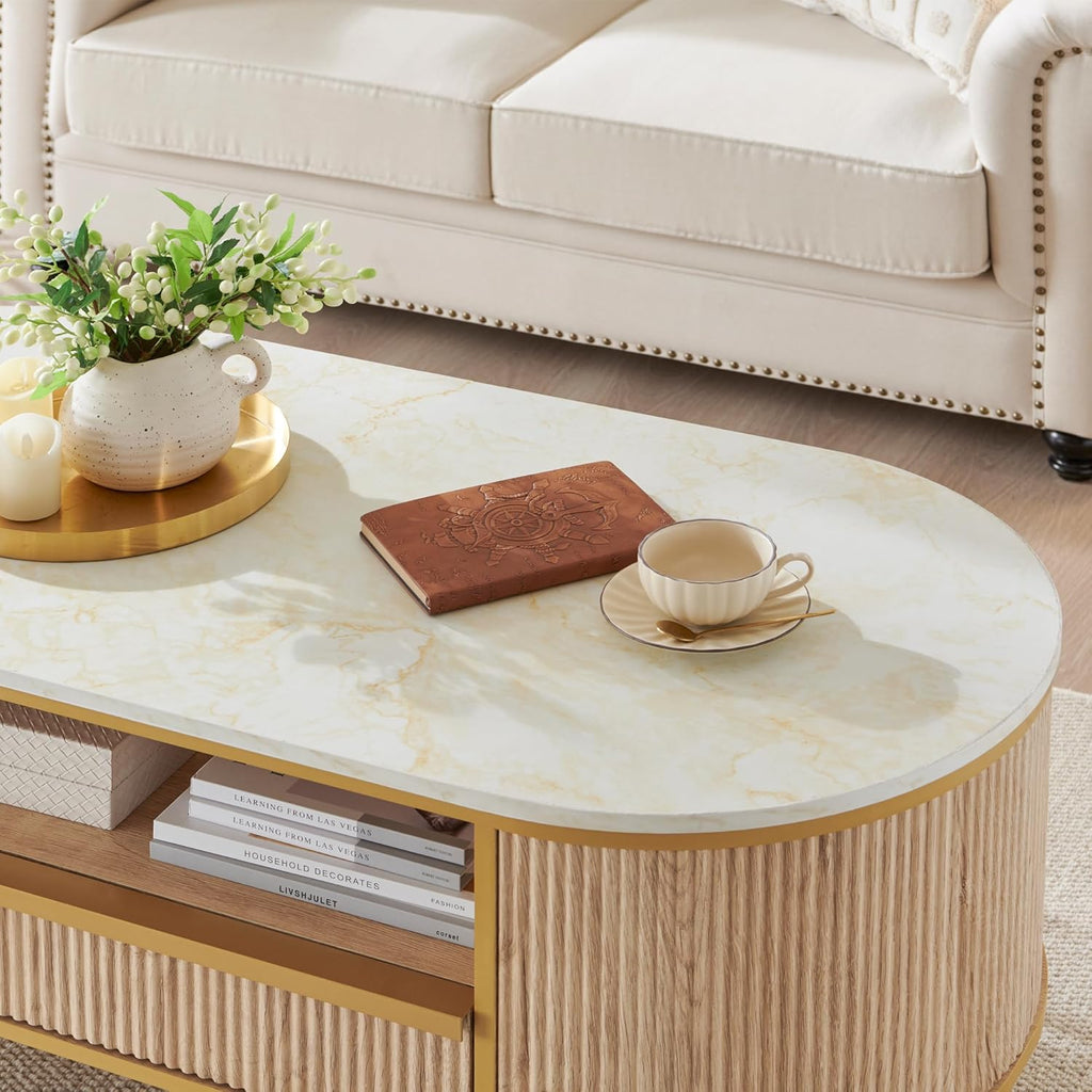 OKD Modern Luxury Grooved Coffee Table, 48 Inch Oval Coffee Table with Drawers, Imitation Marble Top, Curved Contour Design, Gold Metal Trim, Living Room Center Table wourant