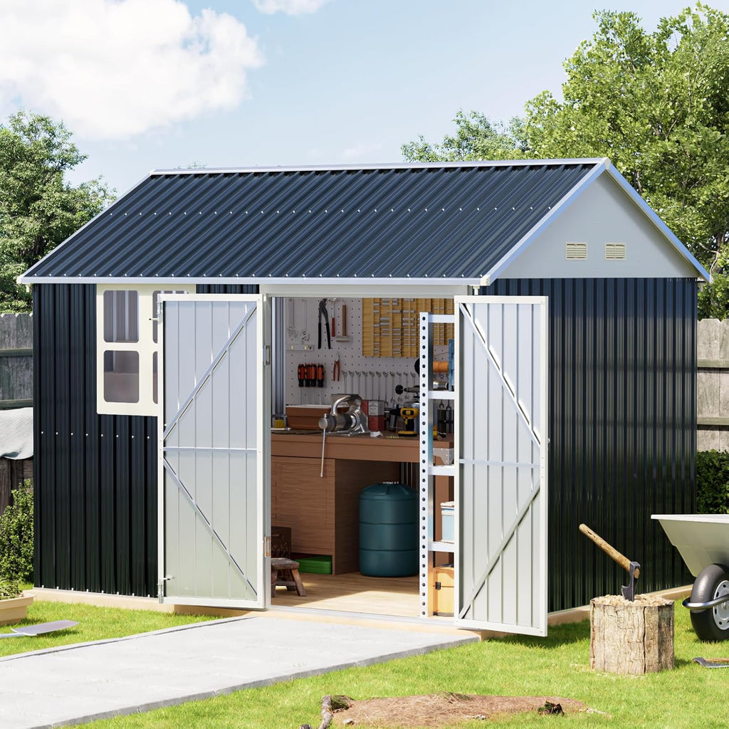 Breezz 8X10FT Outdoor Steel Storage Shed Lockable Doors Weather-Resistant Metal Tool Shed wourant