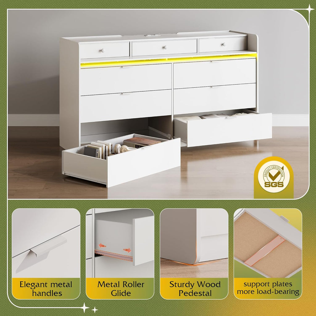 9 Drawer Led Dresser for Bedroom, 58.35'' Wide Wood Dresser Storage Organizer with Power Outlets for 65'' TV, Dressers with Open Shelves wourant