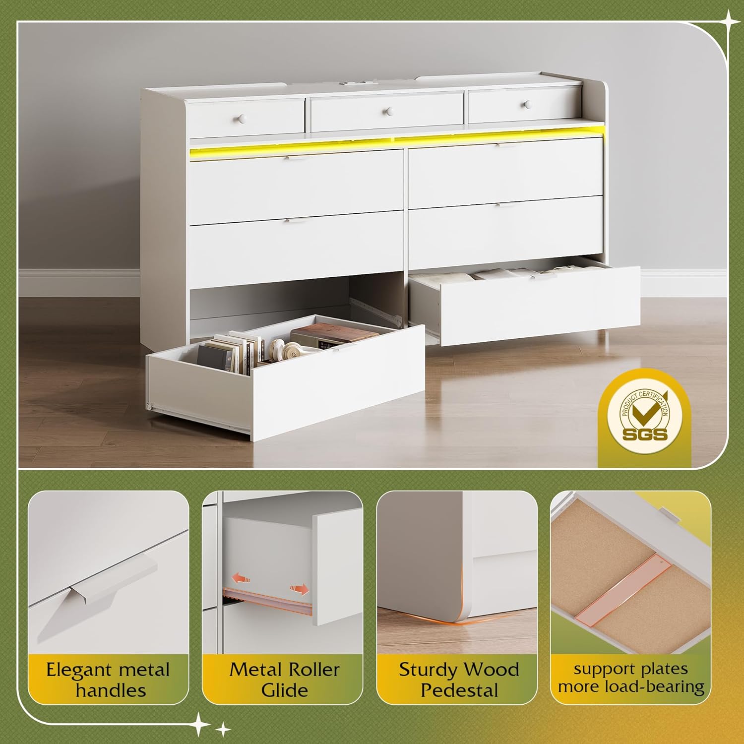 9 Drawer Led Dresser for Bedroom, 58.35'' Wide Wood Dresser Storage Organizer with Power Outlets for 65'' TV, Dressers with Open Shelves wourant