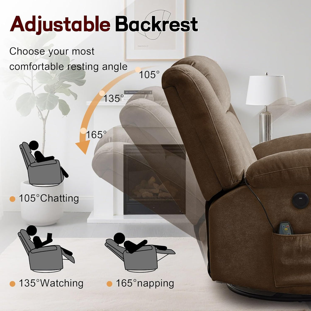 Adult rocking chair, gliding recliner, 360° rotating rocking chair with massage and heating function wourant