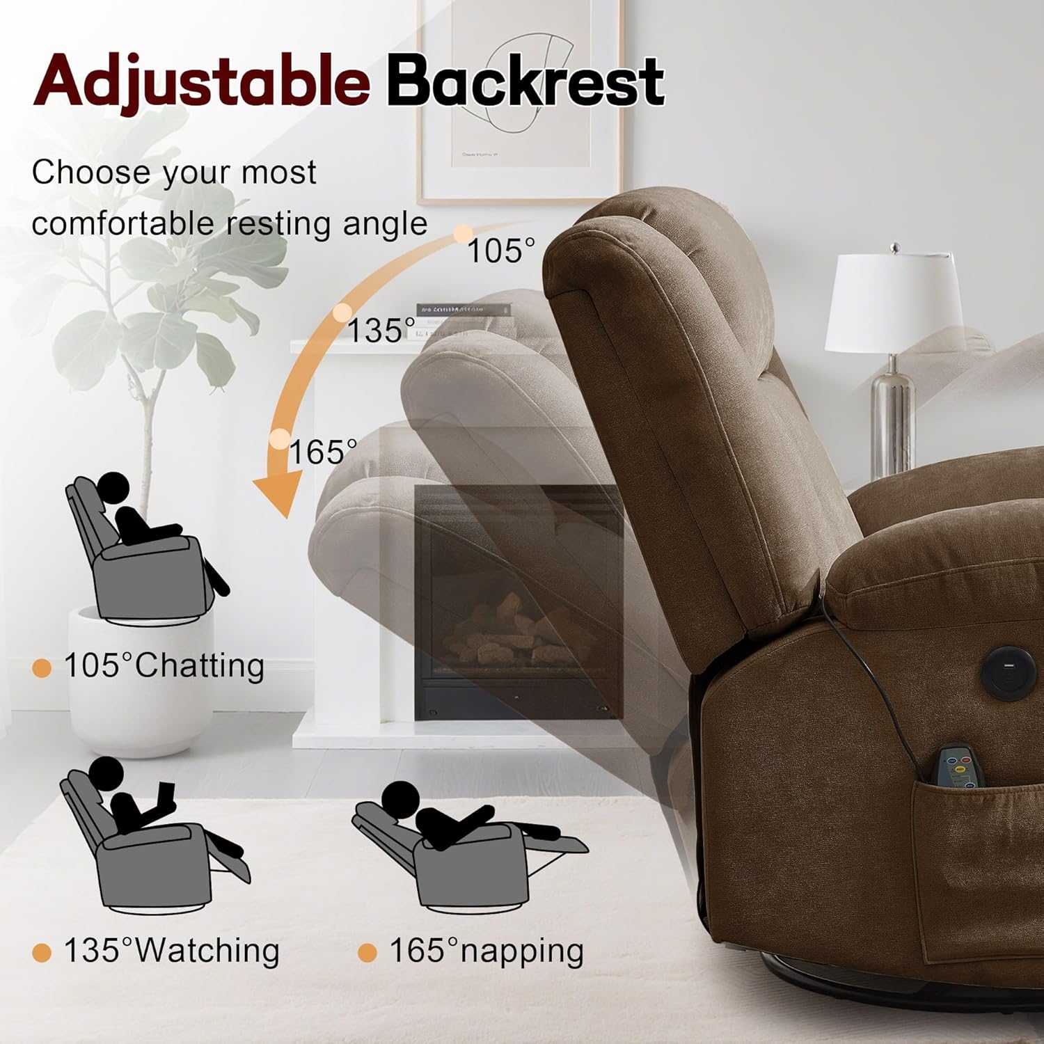 Adult rocking chair, gliding recliner, 360° rotating rocking chair with massage and heating function wourant