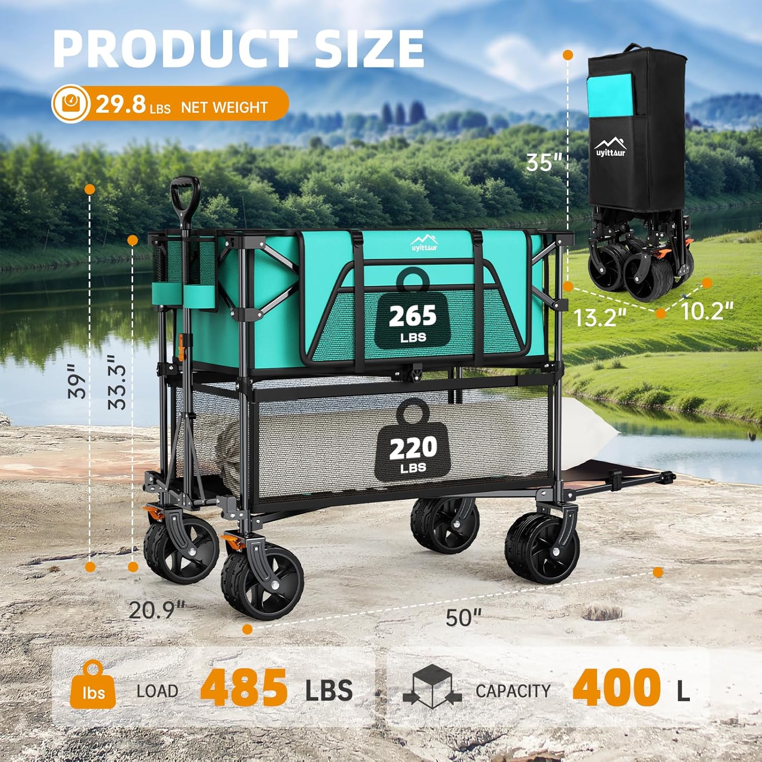 Foldable 50''L Extra Long Double Decker Wagon for Sport, 400L Collapsible Heavy Duty Wagon Cart with Big Wheels, Utility All-Terrain Large Extender Cart for Outdoors wourant