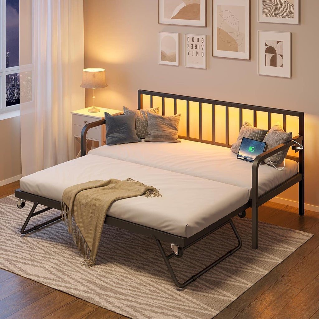 Rolanstar Daybed with Charging Station and LED Lights, Height Adjustable Twin Daybed with Trundle, Metal Sofa Bed Frame with Steel Slat Support wourant