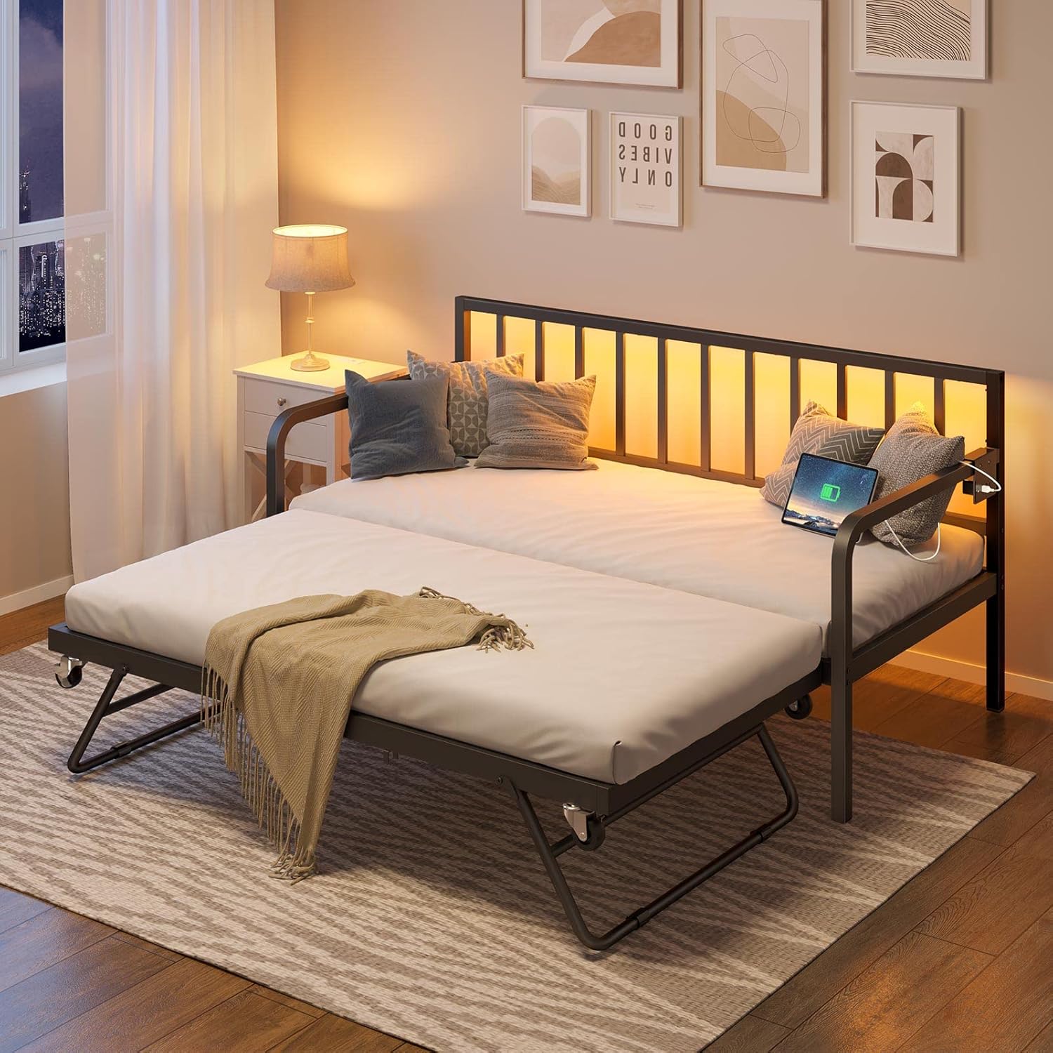 Rolanstar Daybed with Charging Station and LED Lights, Height Adjustable Twin Daybed with Trundle, Metal Sofa Bed Frame with Steel Slat Support wourant