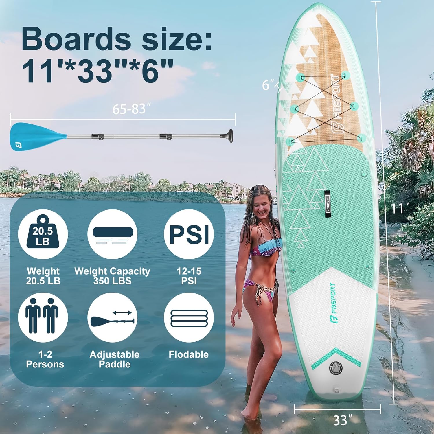 FBSPORT 11' Premium Stand Up Paddle Board, Yoga Board with Durable SUP Accessories & Carry Bag | Wide Stance, Surf Control, Non-Slip Deck, Leash, Paddle and Pump for Youth & Adult wourant