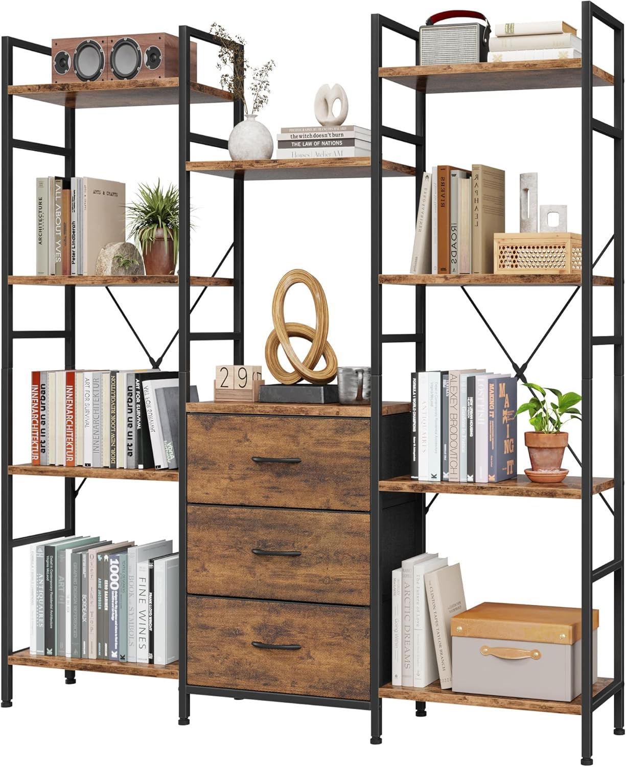 AFLUI Triple Bookshelf 3 Fabric Drawers 4-Tier Book Shelf 10 Display Shelves Industrial Bookcase wourant